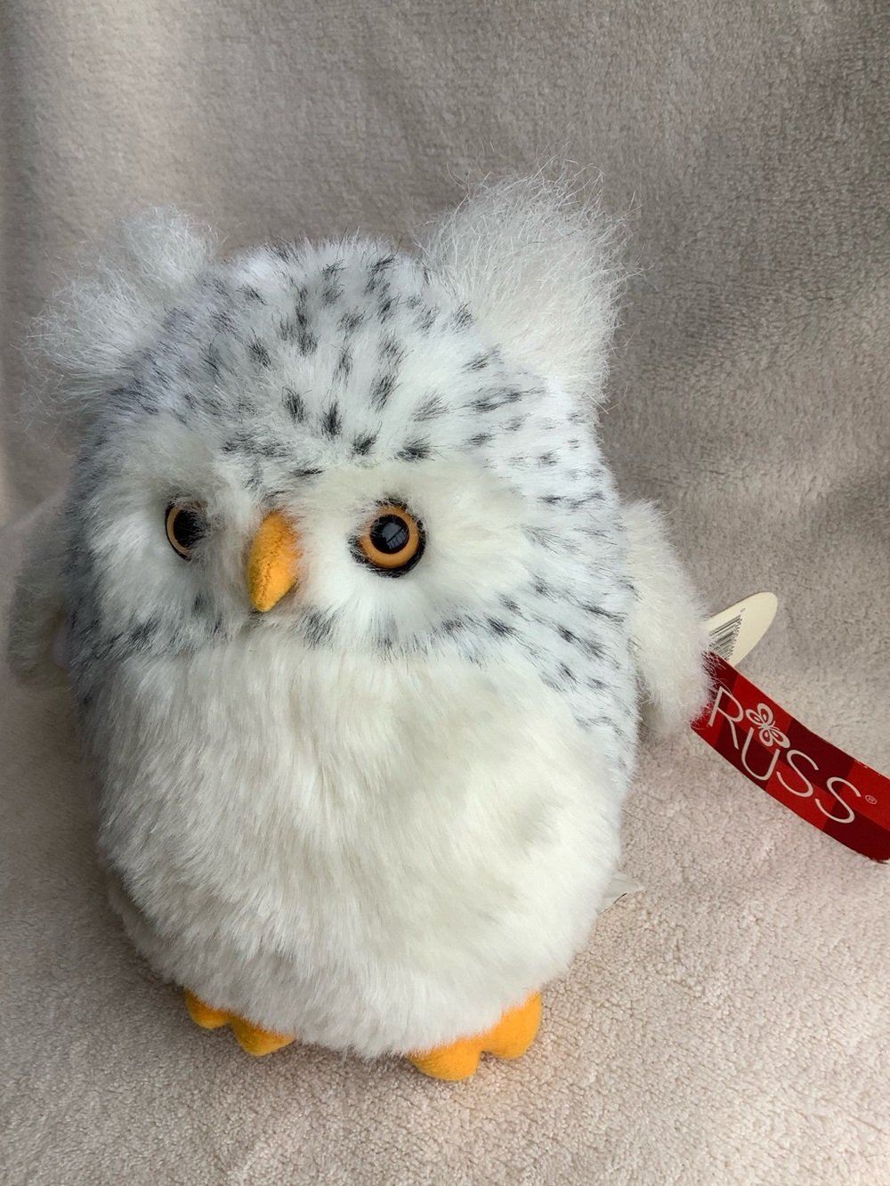Russ White and Gray Spotted Plush Snowy Owl with Orange Beak and Feet